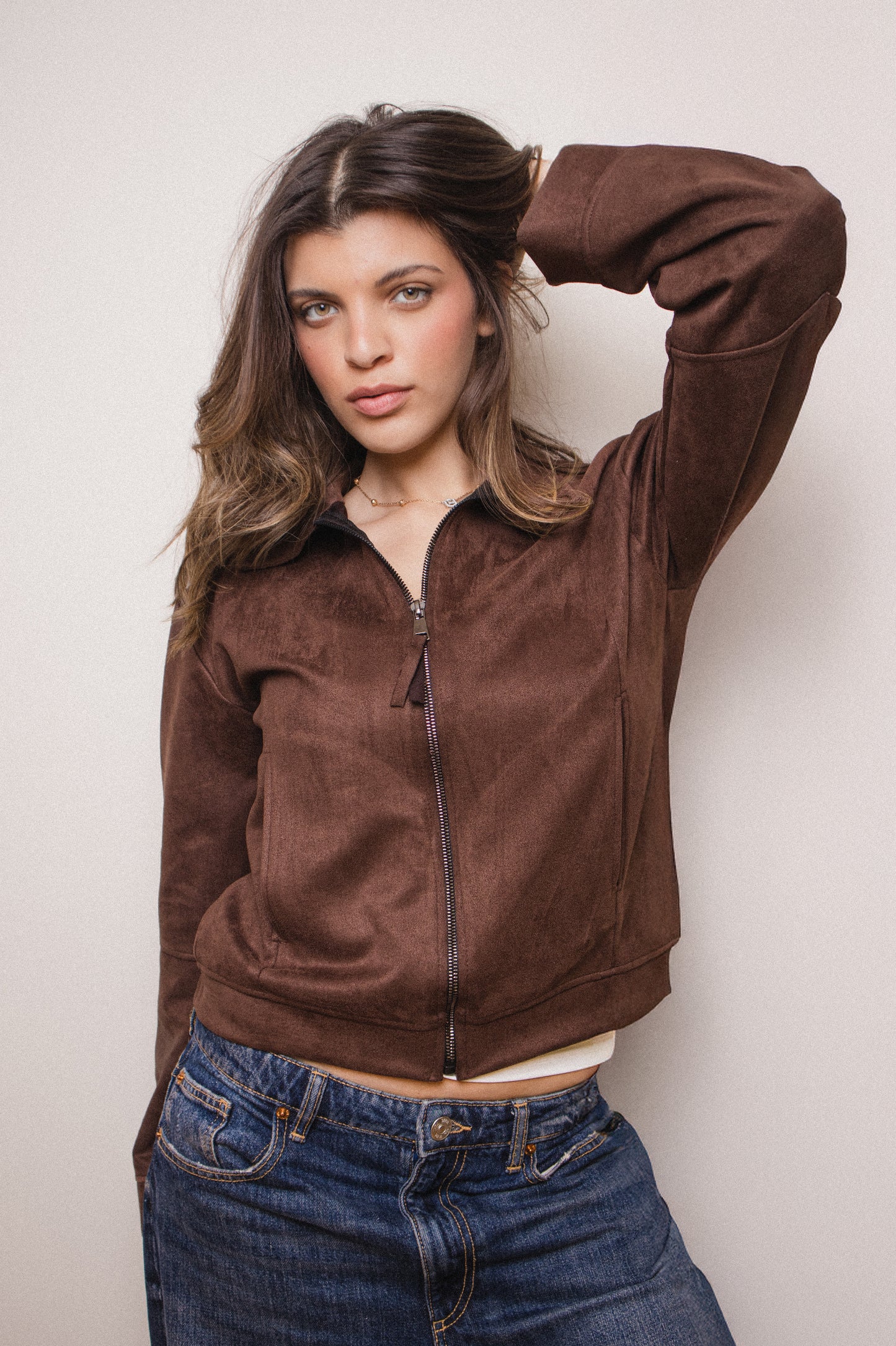 Suede Zip-up in Hazelnut